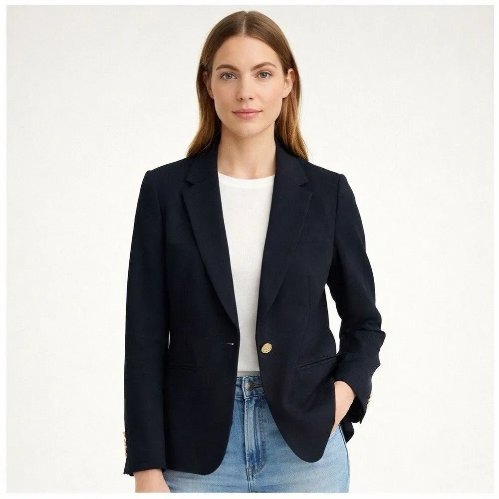 J Crew Wool Blazer Size 6 Black Gold Crest Buttons Striped Lining Preppy Office